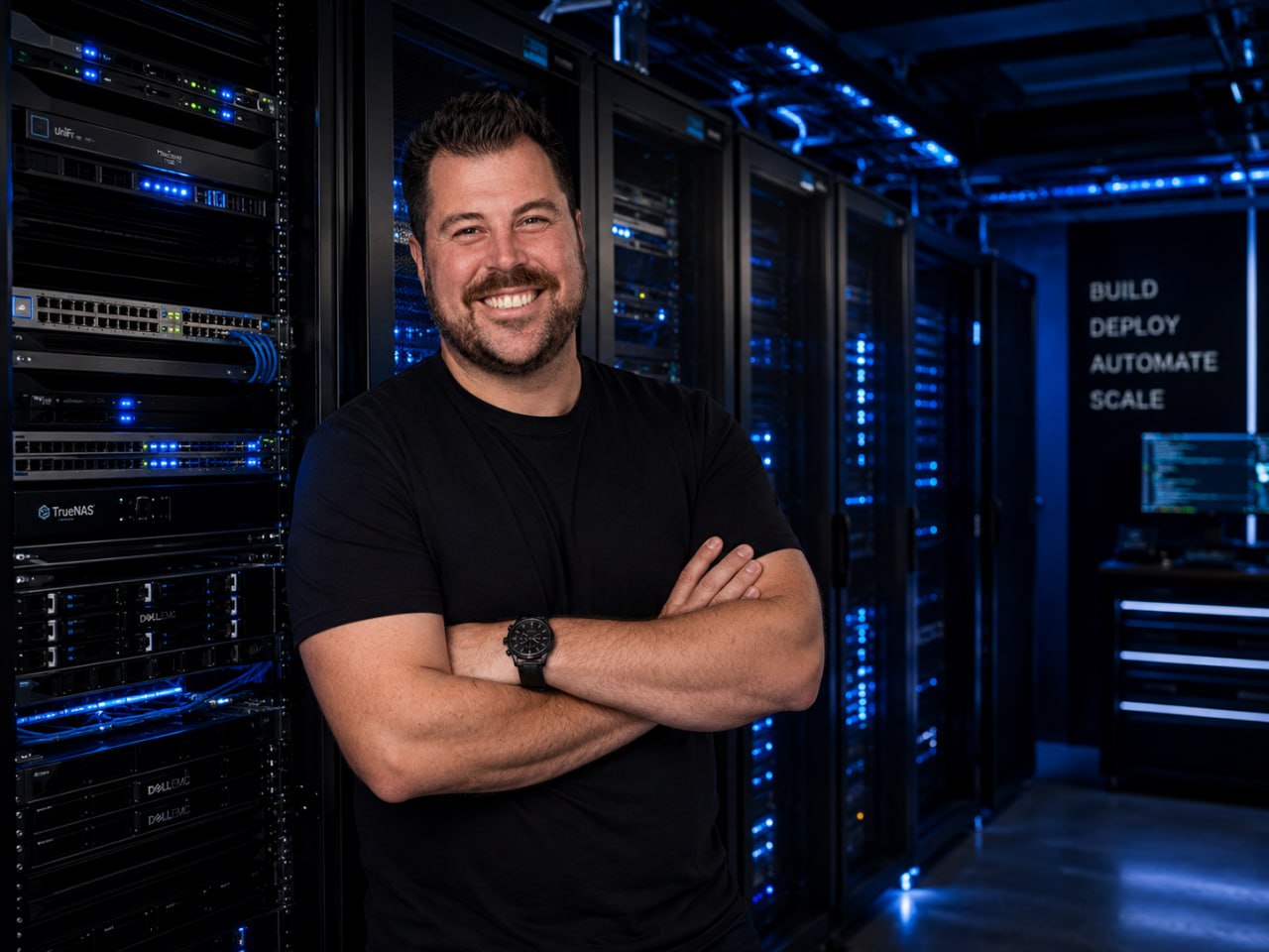 Datacentre racks, networking equipment and cinematic blue lighting