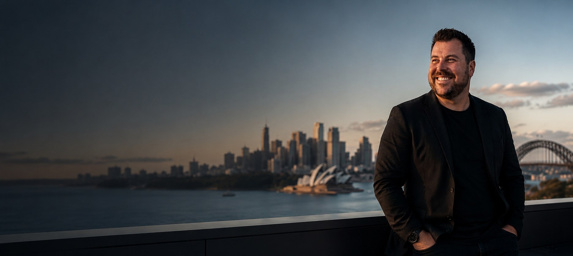 Wide founder lifestyle banner with Sydney skyline and negative space for text